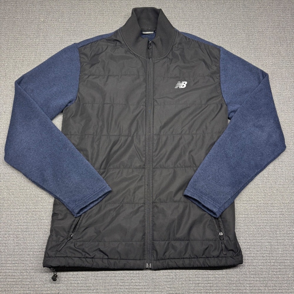 New Balance Mens Hybrid Quilted Knit Sleeve Full Zip Jacket Black Blue Large